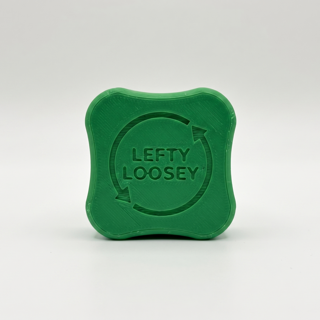 A green, square-shaped plastic container with rounded corners and embossed branding that reads 'LEFTY LOOSEY' inside a circular arrow, set against a plain light gray background.