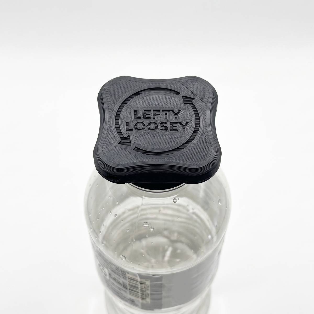 A clear plastic water bottle with a black square cap featuring the embossed text 'LEFTY LOOSEY' and circular arrows, shown on a white background.