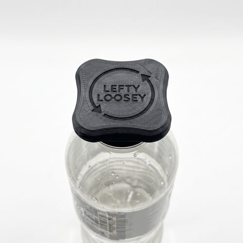 A clear plastic water bottle with a black square cap featuring the embossed text 'LEFTY LOOSEY' and circular arrows, shown on a white background.